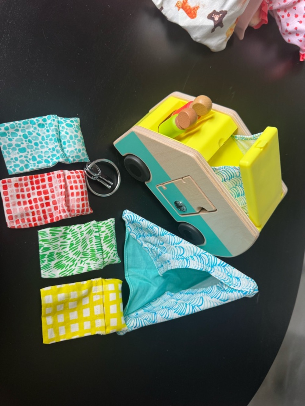 Wooden Toy Camper Van with Colorful Fabric Bedding - Teal & Yellow